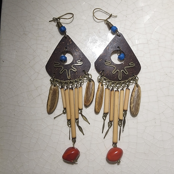 Jewelry - Bohemian Egyptian revival wood, bronze, triangle, blue red bead fringe earrings